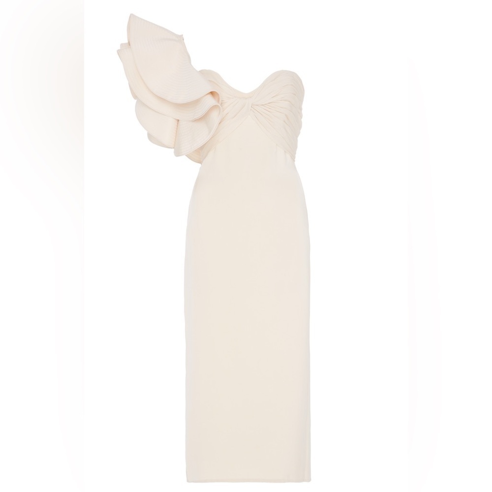 NWT Johanna Ortiz Silk Strapless Detachable One Ruffle Shoulder Cream Dress 8